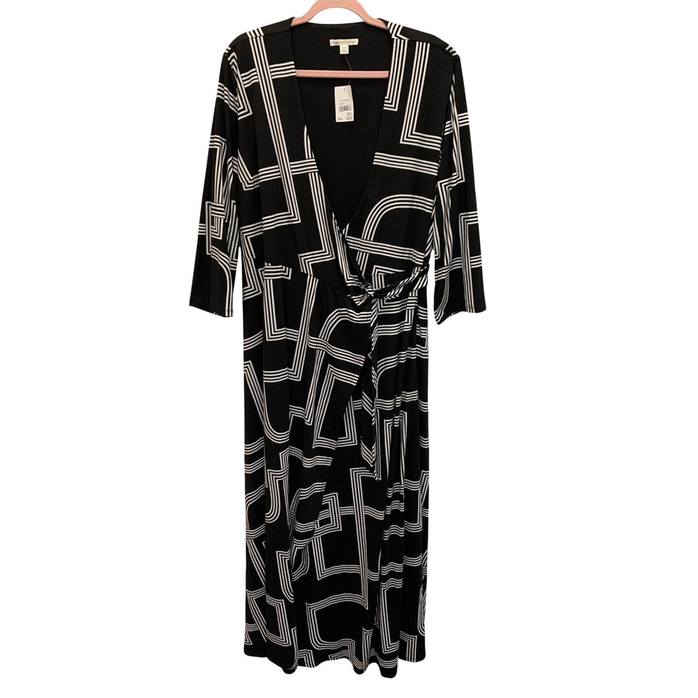 Plus Size 18/20W Black White Geometric Wrap Maxi Dress Stretch Knit Workwear NWT